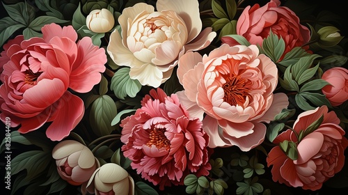 Fototapeta Naklejka Na Ścianę i Meble -  Floral fabric pattern with large, bold peonies in shades of pink and coral on a dark green background, offering a dramatic and romantic look for various applications.