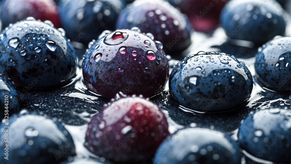 Background with blueberries with green leaves in water Background with blueberries with green leaves in water