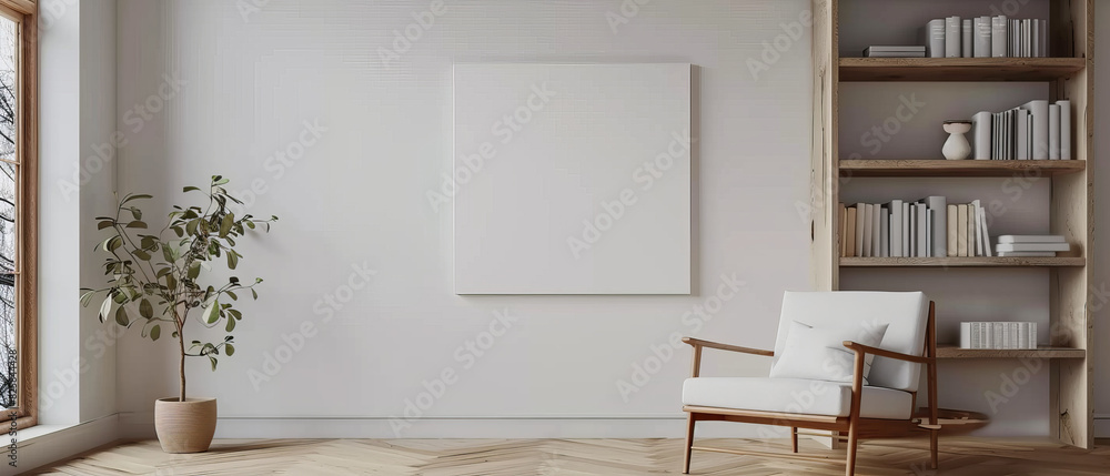 Fototapeta premium White empty wall mockup in a modern living room with wooden floor, book shelf, armchair, and window, minimalist design for home decor