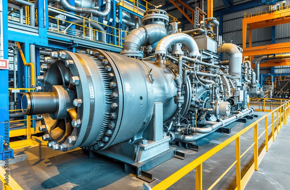 Large industrial gas turbine with pipelines and valves