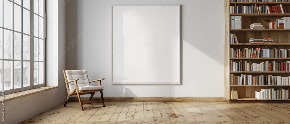 Scandinavian living room with a white empty wall, wooden floors, minimalist bookshelf, cozy armchair, and window Scandinavian living room with a white empty wall, wooden floors, minimalist bookshelf, cozy armchair, and window