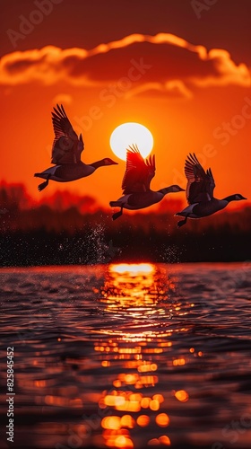 Geese Flying at Sunset Over Shimmering Water