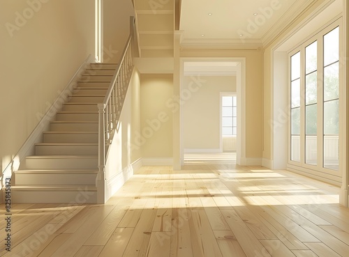 The interior of an empty modern home with a staircase and light wood floors