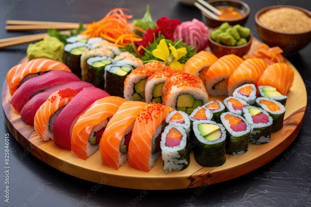 Rainbow Sushi Roll with salmon ,Sushi roll japanese food Rainbow Sushi Roll with salmon ,Sushi roll japanese food