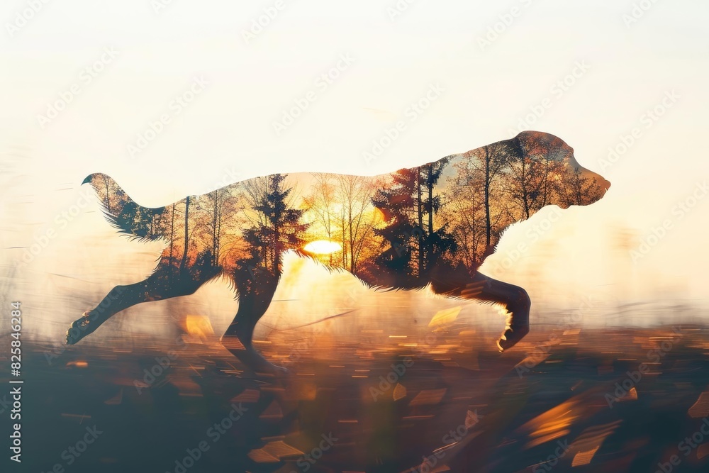 Labrador Retriever running, close up, focus on, copy space, vibrant hues, Double exposure silhouette with forest backdrop Labrador Retriever running, close up, focus on, copy space, vibrant hues, Double exposure silhouette with forest backdrop