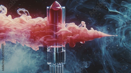 A tight shot of a red fluid in a glass tube, emitting smoke from its peak against a backdrop of black, with blue and pink hues enshrouding the escaping v photo