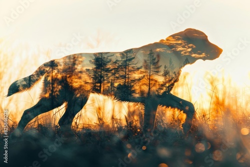 Labrador Retriever running, close up, focus on, copy space, vibrant hues, Double exposure silhouette with forest backdrop © watanu