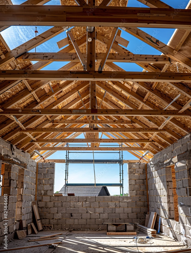 Obraz premium A wooden roof support in a building being built, walls constructed from aerated concrete blocks, unfinished window openings, a reinforced brick beam, a temporary structure, clear sky in the backdrop.