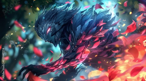 a creature amidst red, pink, and blue confetti and streamers, against a dark backdrop of interwoven leaves and branches photo