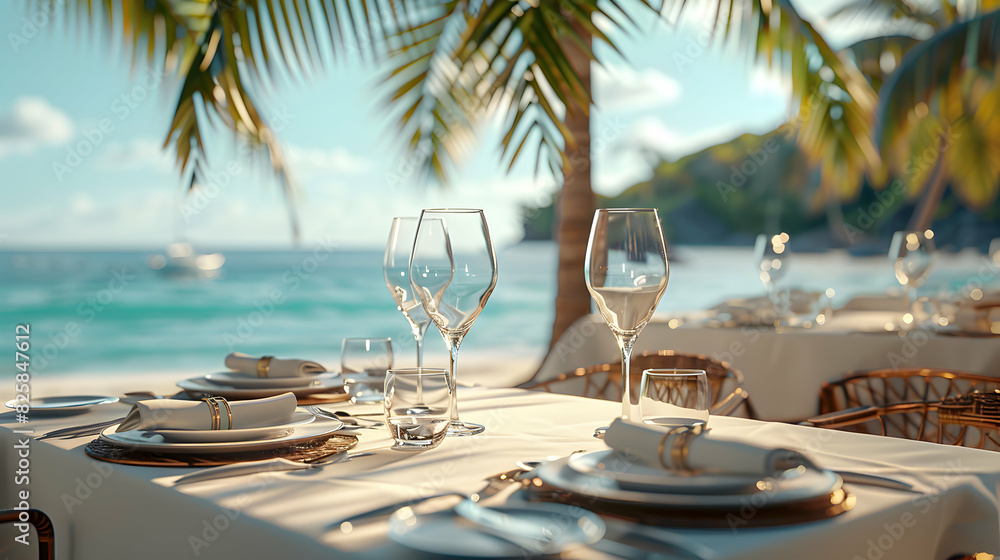Exquisite Beach Resort Dining: High Resolution Image of Elegant Culinary Delights  Luxury Experience with Glossy Backdrop   Photo Realistic Concept