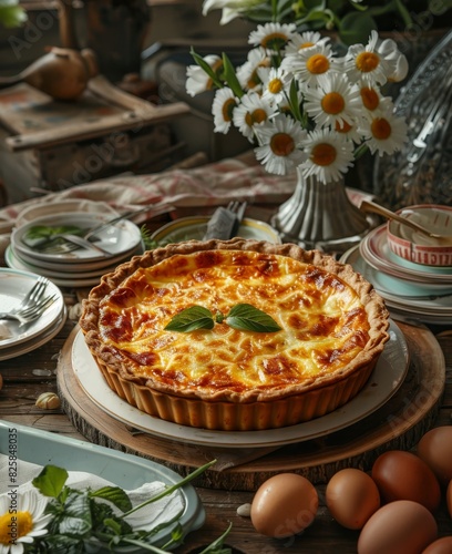 A delicious homemade quiche on a rustic table setting, decorated with fresh eggs, flowers, and vintage kitchenware. Perfect cozy brunch scene.