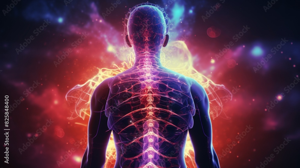 Spinal health visualization. Man experiencing back pain with glowing depiction of spine Spinal health visualization. Man experiencing back pain with glowing depiction of spine