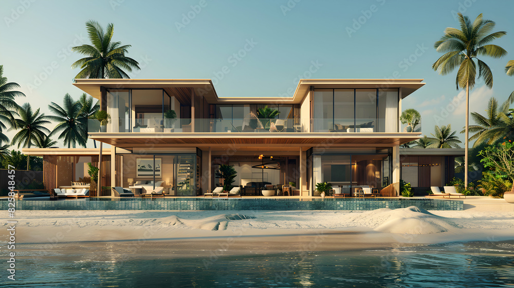 Luxurious Beachfront Villa: Ultimate High Resolution Image showcasing Resort Accommodations in Glossy Backdrop