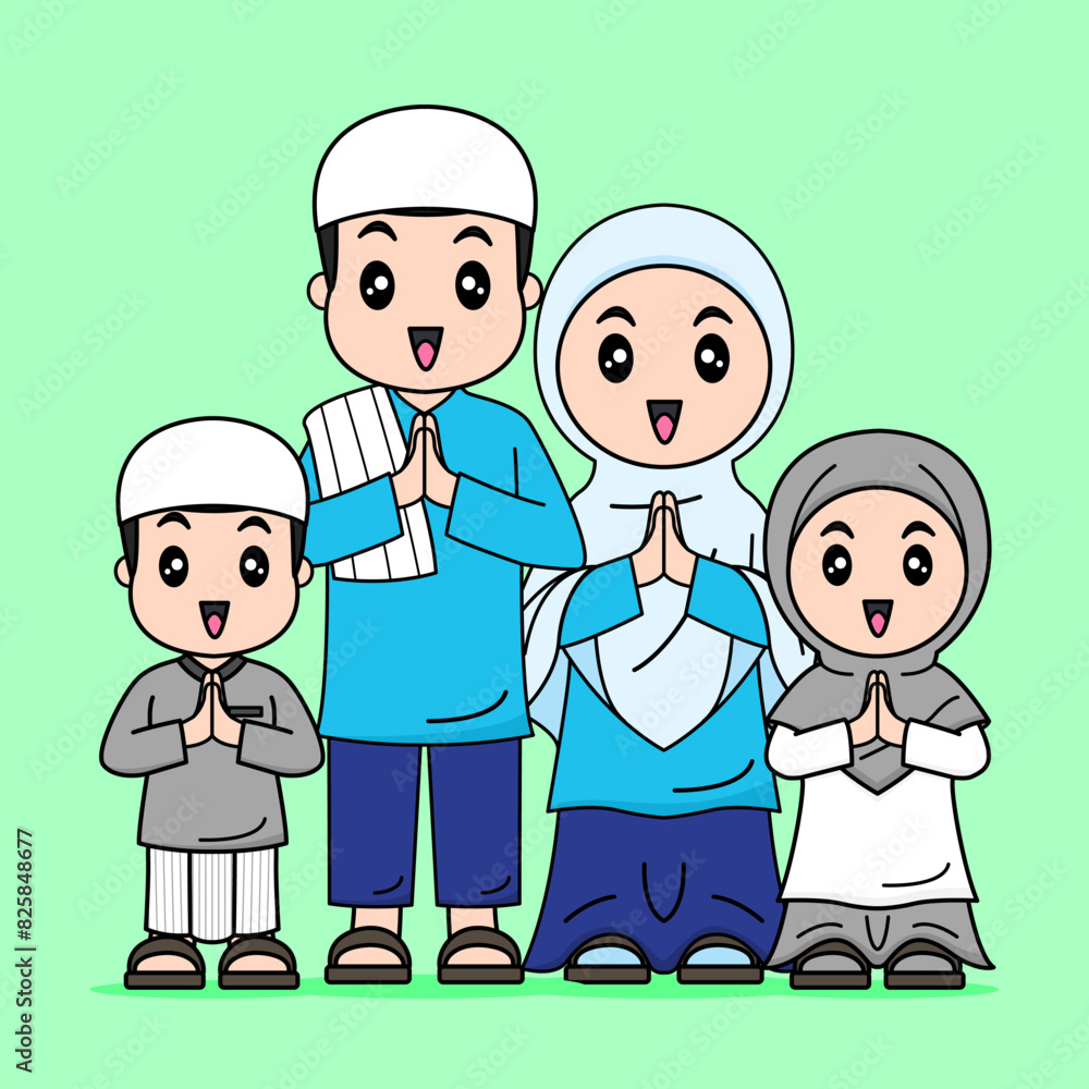 Vector Design of Muslim Family. Father, Mother, kids girl and boy, Eid Fitri, Eid Adha, Ramadhan Kareem Vector Design of Muslim Family. Father, Mother, kids girl and boy, Eid Fitri, Eid Adha, Ramadhan Kareem
