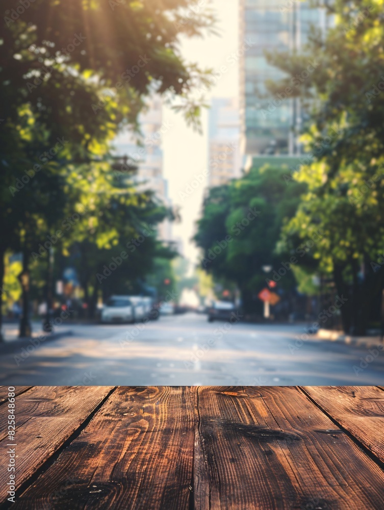 Vacant wooden surface with blurred cityscape in the background, providing room for showcasing promotional items and featuring a picturesque street view.