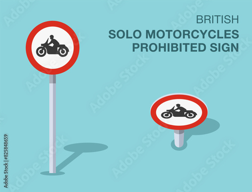 Traffic regulation rules. Isolated British "solo motorcycles prohibited" road sign. Front and top view. Flat vector illustration template.