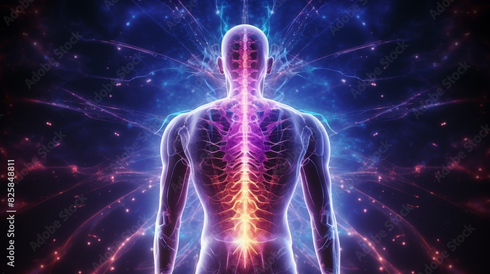 Spinal health visualization. Man experiencing back pain with glowing depiction of spine