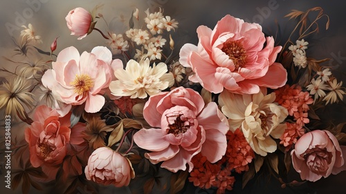 Fototapeta Naklejka Na Ścianę i Meble -  A vintage flower background with roses and peonies in muted tones, set against a textured, sepia-toned backdrop, ideal for creating a nostalgic and romantic atmosphere.