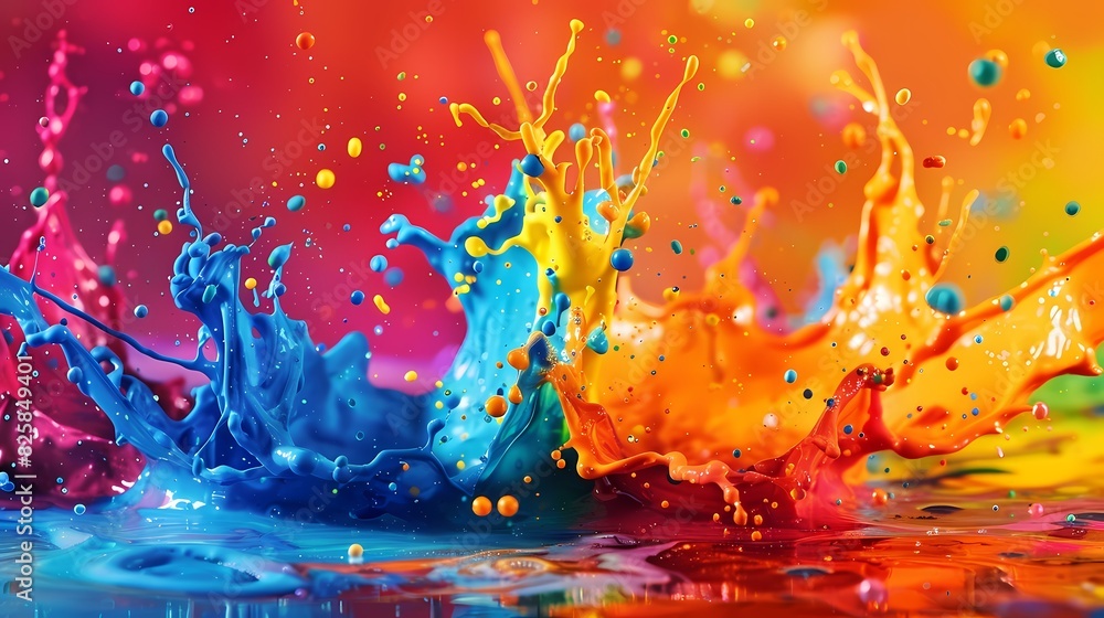 Vivid paint splatters blending harmoniously, forming a dynamic backdrop of vibrant colors