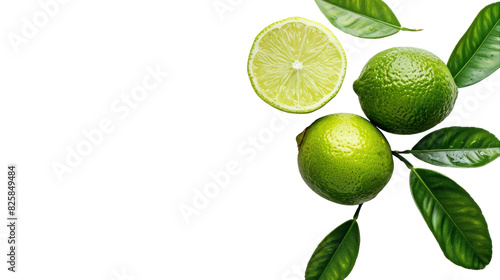 Several vibrant green limes with leaves resting on a clean white surface © Zain