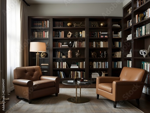 Sophisticated library with floor-to-ceiling bookshelves and a leather armchair, generative AI