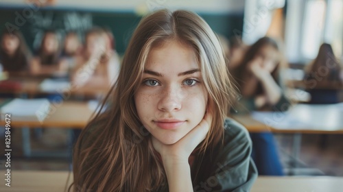 Young woman, headshot and workspace in secondary education setting for financial aid, scholarly pursuits, or pupil. Lady, countenance and studying institute or university