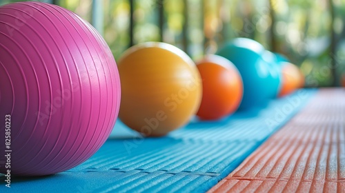 A vibrant and colorful assortment of exercise balls lined up on a textured yoga mat, set against a backdrop of blurred greenery.  photo