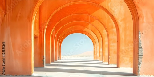 Vibrant orange arched hallway with columns leading to a sunny desert. Concept Architecture  Interior Design  Desert Landscape  Bold Colors  Natural Light