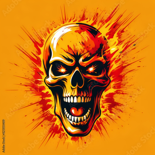 Fiery skull illustration ignites with intense flames, embodying raw power and untamed rebellion.