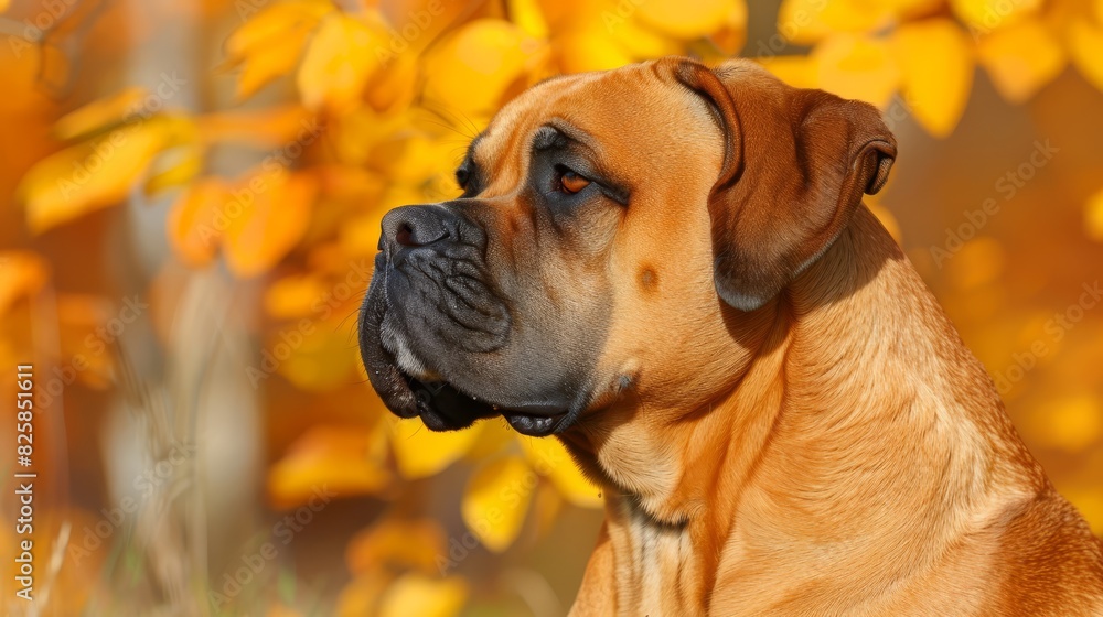  A tight shot of a dog gazing at a tree, its yellow leaves prominent against a hazy backdrop of similar trees with yellow leaves