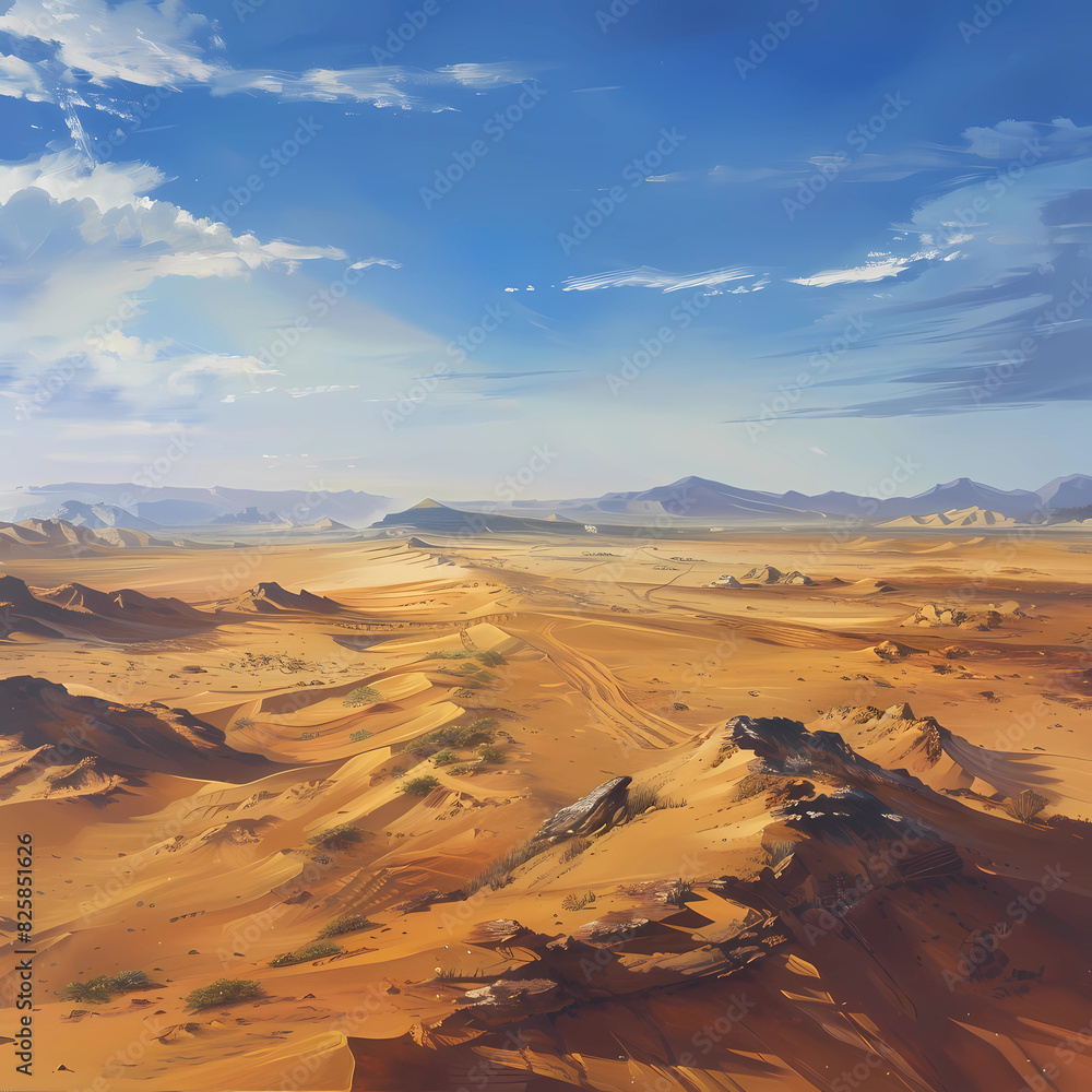Fototapeta premium A sprawling desert landscape, with sand dunes stretching into the distance: Graphic background for decorating works, mobile screens, or as a background image.