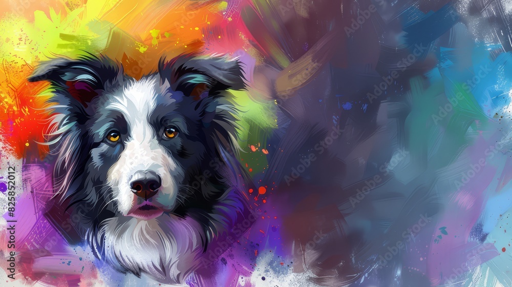 A painting of a black-and-white dog with multicolored splatters on its face The dog's head turns toward the camera, its eyes in black-and-white A painting of a black-and-white dog with multicolored splatters on its face The dog's head turns toward the camera, its eyes in black-and-white