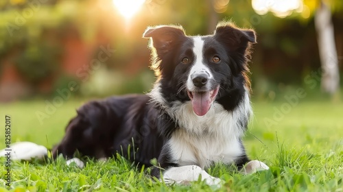  A black and white dog lies in the grass with its tongue out, hangs down, and is widely extended from its mouth
