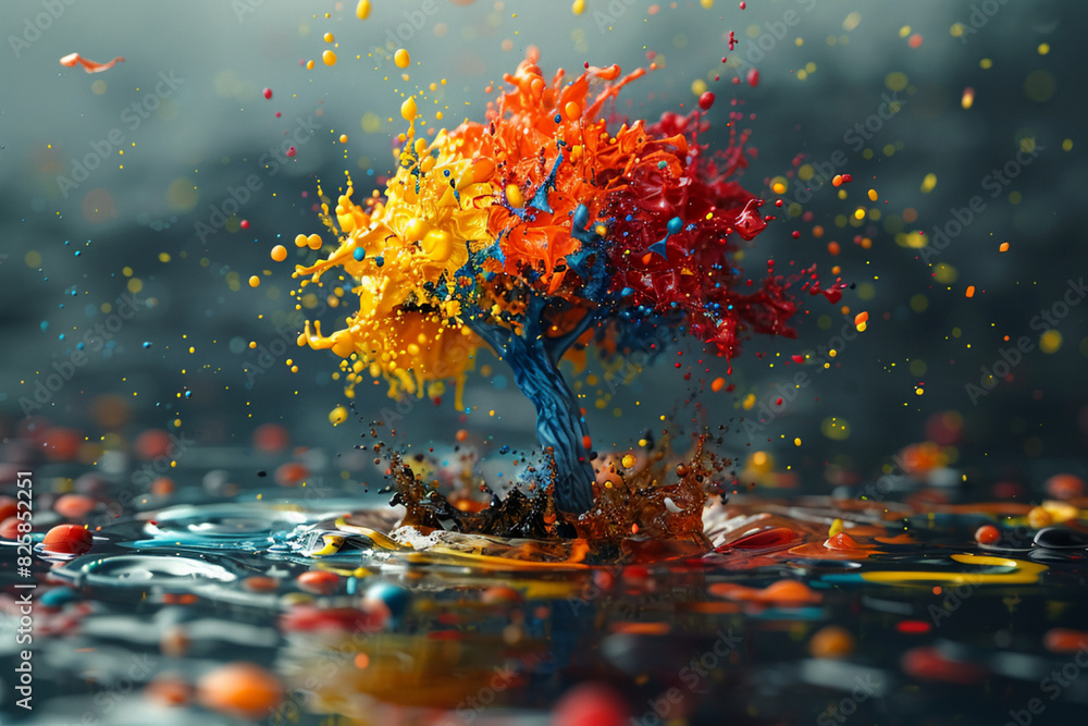 Create an abstract image where a vibrant paint splash forms the shape ...