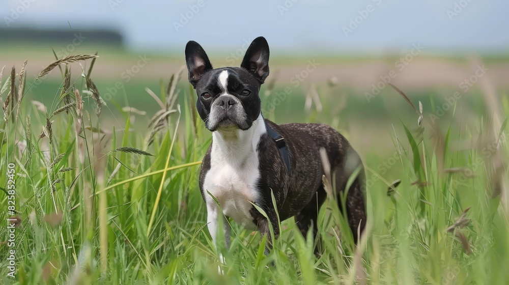  A small black-and-white dog gazes seriously from a field of tall grass, framed by the camera