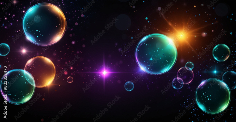 Glowing background with bubbles and stars BUBBLES ISOLATED ON BLACK glowing BACKGROUND