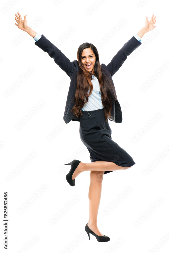 Portrait, excited and business woman celebrate success, achievement or bonus reward isolated on white studio background. Happy, yes and employee cheers for victory, good news or winning lottery prize