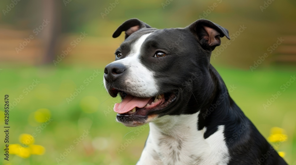  A tight shot of a black-and-white pooch in a sea of emerald grass A yellow bloom lies near, foregrounded, while the backdrop softly blurs with