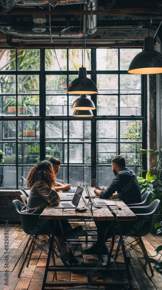 A group of people are sitting around a table in a room with a view of a garden A group of people are sitting around a table in a room with a view of a garden