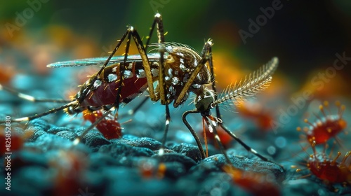 Close-Up of Mosquito Carrying Dengue Fever: Detailed View of Viral Particles Entering Bloodstream"