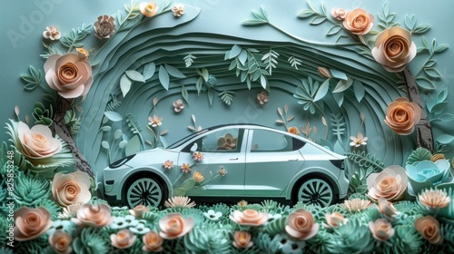 Wallpaper Mural Delicately cut paper art featuring an EV car, with floral patterns and a harmonious composition Torontodigital.ca