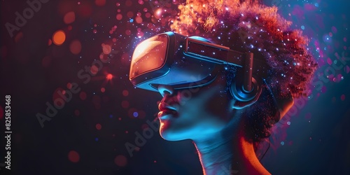 Speechless person with VR headset exploring metaverse in a digital world. Concept Virtual Reality, Metaverse Exploration, Digital World, Speechless Reaction, Surreal Experience photo