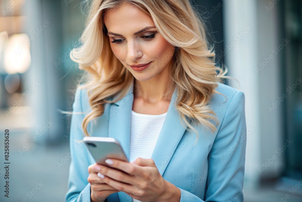 A blonde businesswoman with curly hair. She is dressed in a casual blue jacket. In the hands of a smartphone. A businesswoman looks at her mobile phone. A blonde businesswoman with curly hair. She is dressed in a casual blue jacket. In the hands of a smartphone. A businesswoman looks at her mobile phone.