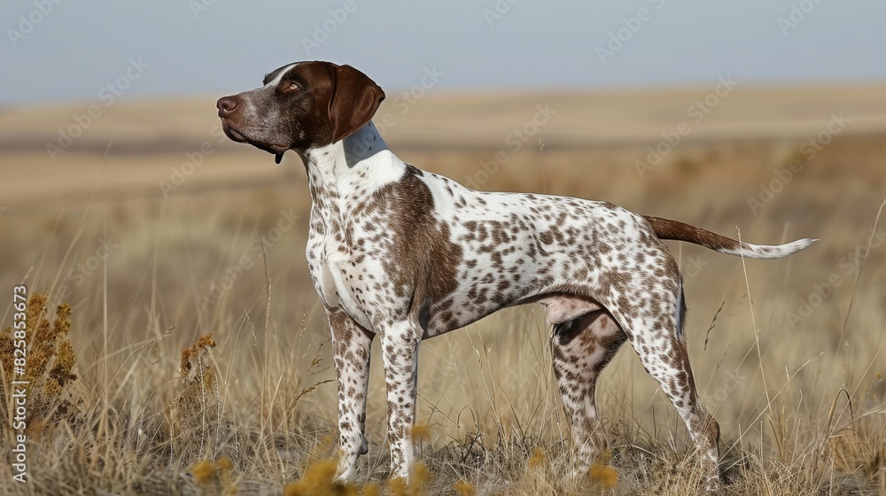 A brown-and-white dog stands atop a dry, grass-covered field Behind it, tall, dry brown and beige grasses stretch toward a blue sky A brown-and-white dog stands atop a dry, grass-covered field Behind it, tall, dry brown and beige grasses stretch toward a blue sky