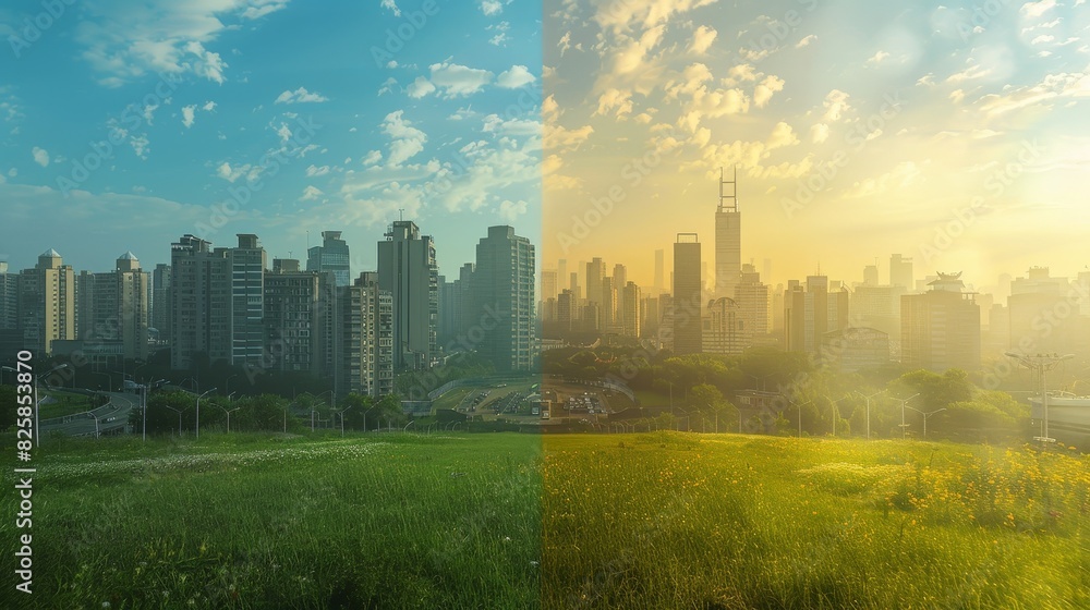 A before-and-after image of a city skyline with one side showing pollution and neglect while the other side shows green spaces and renewable energy sources highlighting the impact