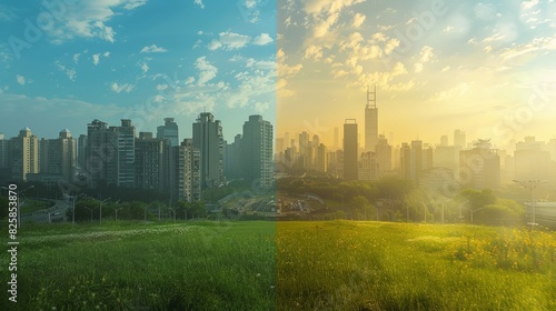 A before-and-after image of a city skyline with one side showing pollution and neglect while the other side shows green spaces and renewable energy sources highlighting the impact © MAY