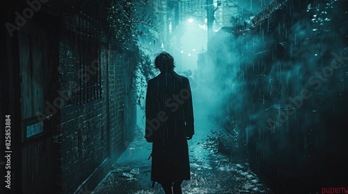 A dark and mysterious figure stands in a dimly lit alleyway