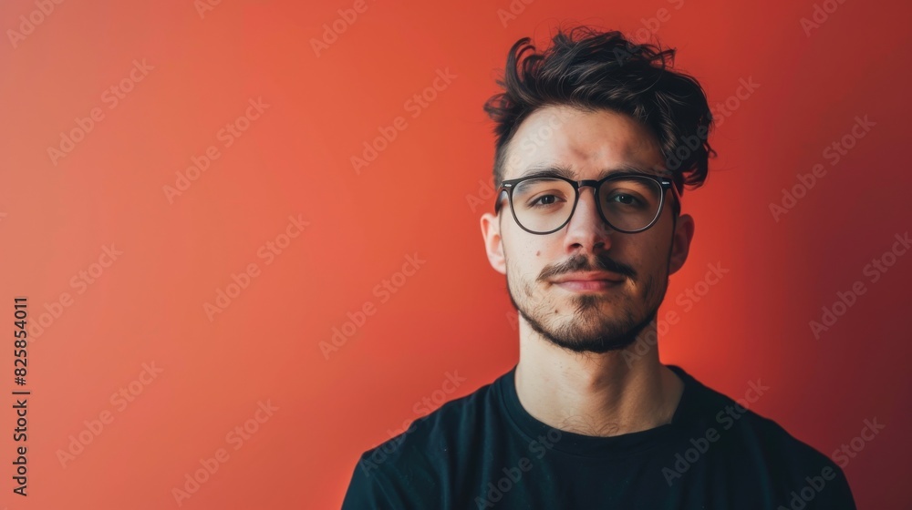 A man with glasses and a beard is standing in front of a red wall A man with glasses and a beard is standing in front of a red wall
