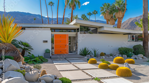 Retro MCM architecture of Palm Springs white house orange bright front entrance door midcentury modern 50s  summer desert real estate mountain home suburb landscape palm tree agave cactus path garden 