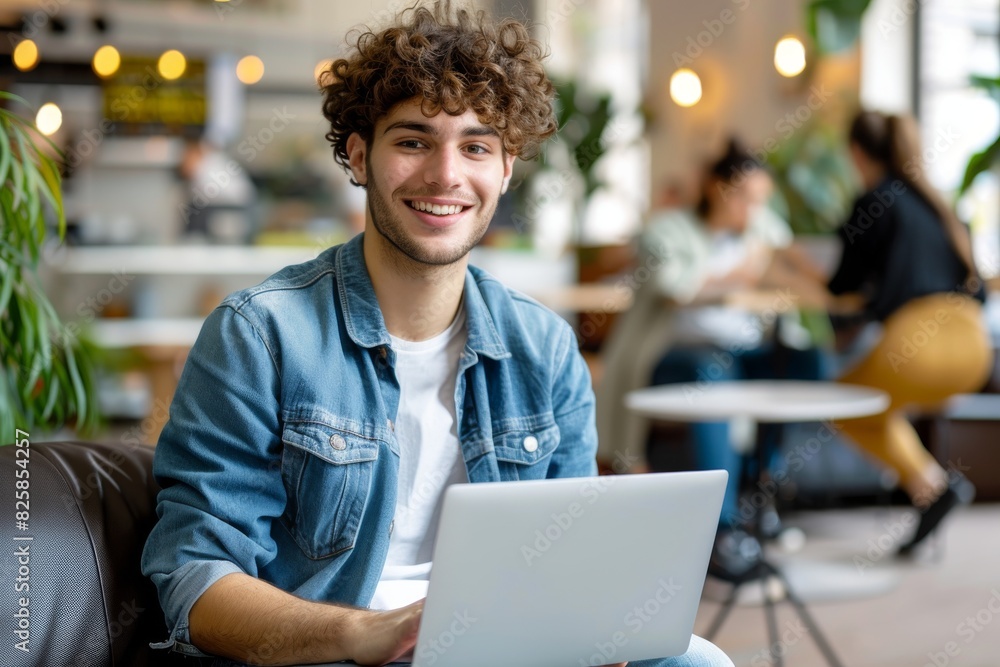 Obraz premium A young man is sitting on a couch with a laptop in front of him